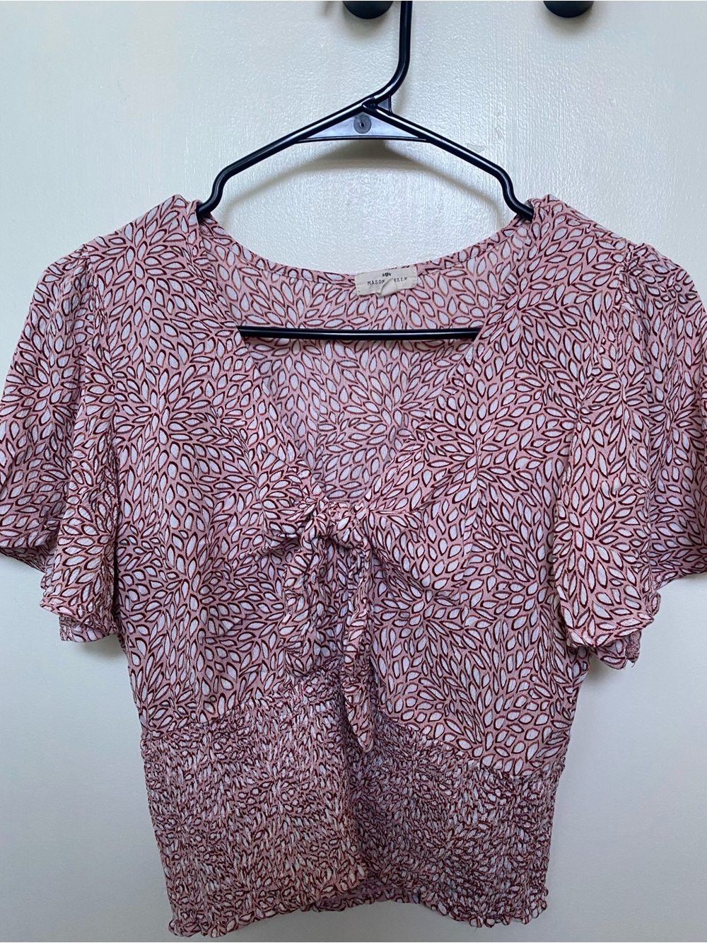 Pink Leaf-Print Tie-Front Blouse